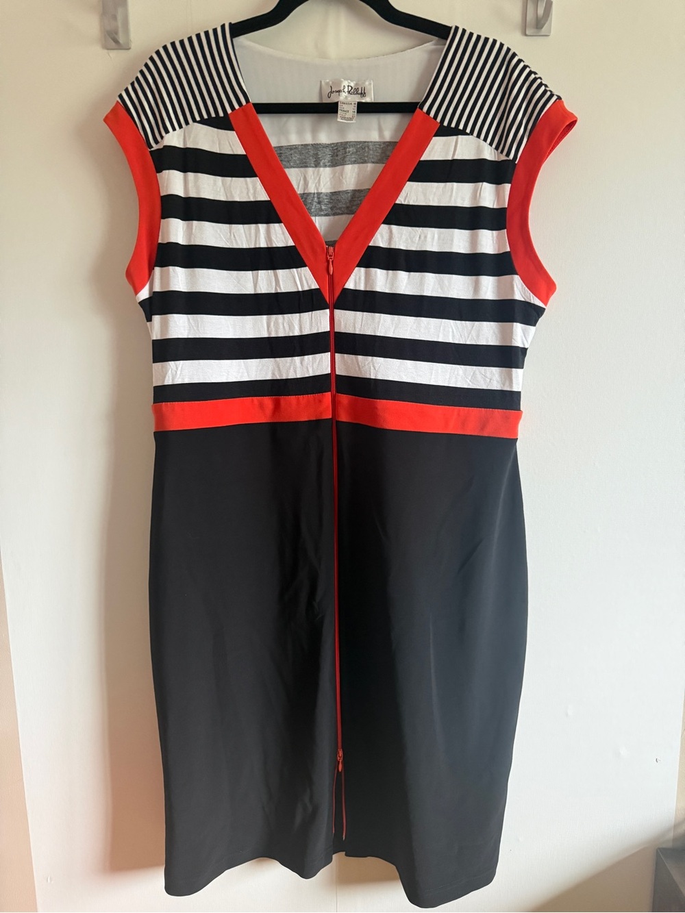 Joseph Ribkoff Size 16 Nautical Zip Front Sheath Dress Black White Coral